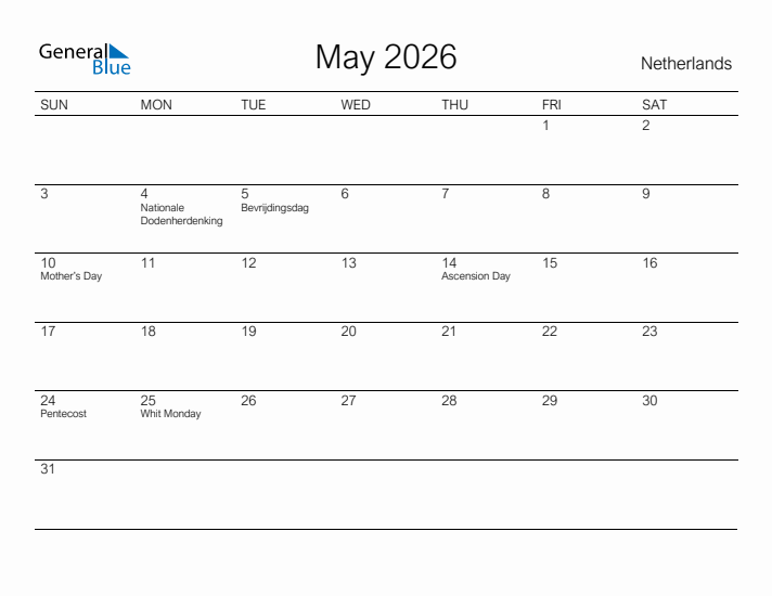 Printable May 2026 Calendar for The Netherlands