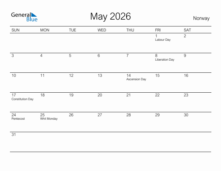 Printable May 2026 Calendar for Norway