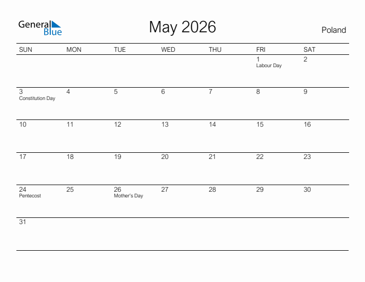 Printable May 2026 Calendar for Poland