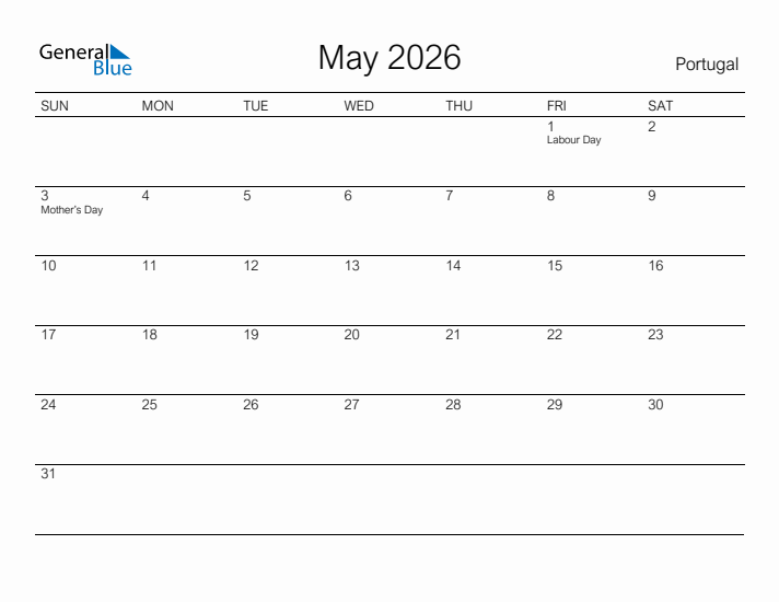 Printable May 2026 Calendar for Portugal
