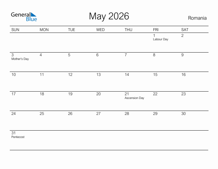 Printable May 2026 Calendar for Romania