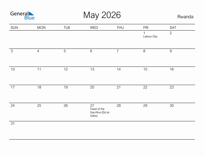 Printable May 2026 Calendar for Rwanda
