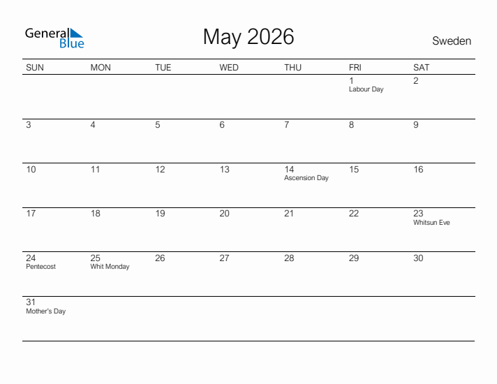 Printable May 2026 Calendar for Sweden