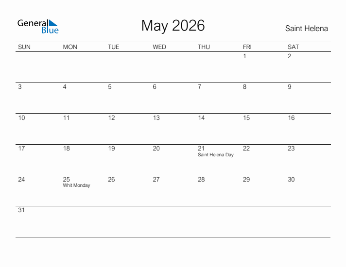 Printable May 2026 Calendar for Saint Helena