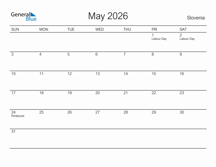 Printable May 2026 Calendar for Slovenia