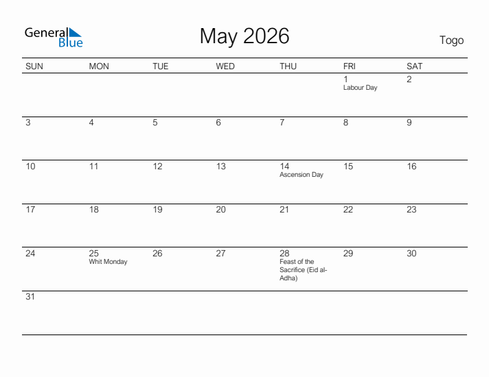 Printable May 2026 Calendar for Togo