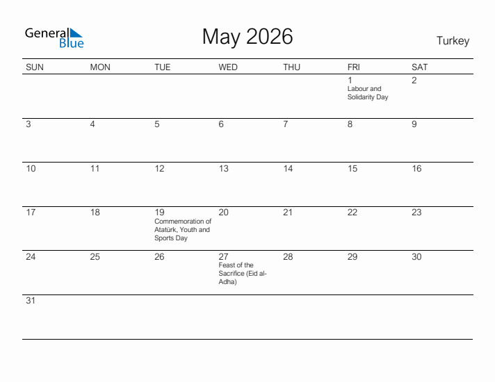 Printable May 2026 Calendar for Turkey