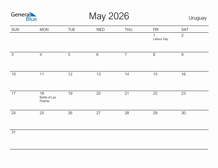 Printable May 2026 Calendar for Uruguay