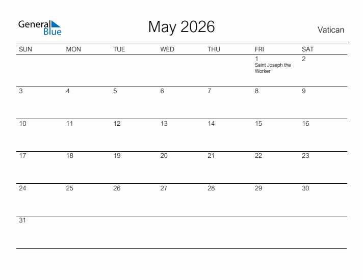 Printable May 2026 Calendar for Vatican