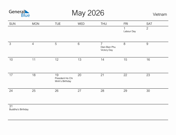 Printable May 2026 Calendar for Vietnam