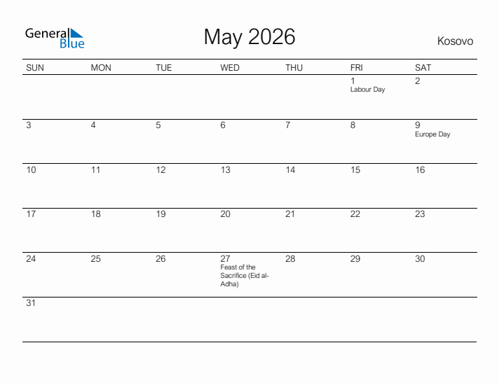 Printable May 2026 Calendar for Kosovo