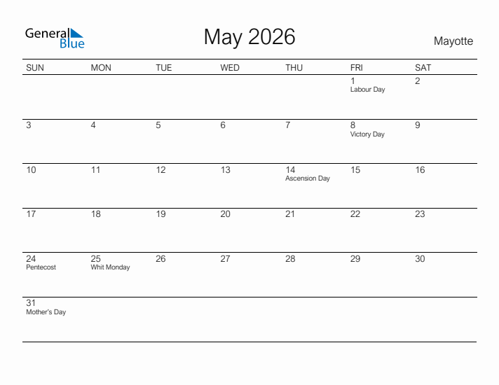 Printable May 2026 Calendar for Mayotte