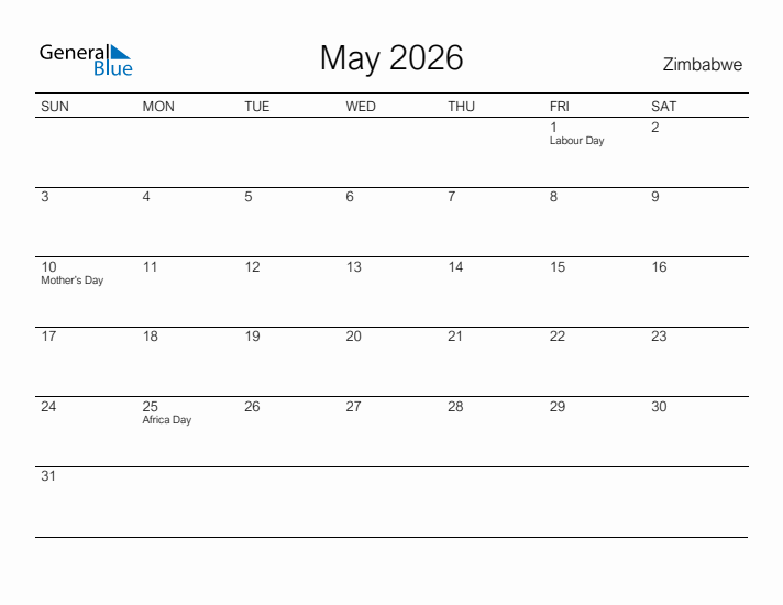 Printable May 2026 Calendar for Zimbabwe