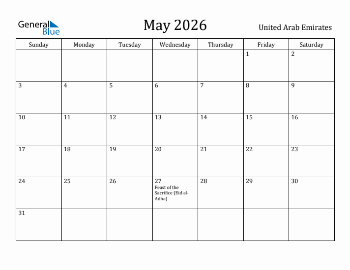 May 2026 Calendar United Arab Emirates