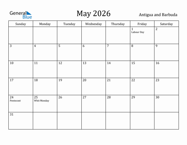 May 2026 Calendar Antigua and Barbuda