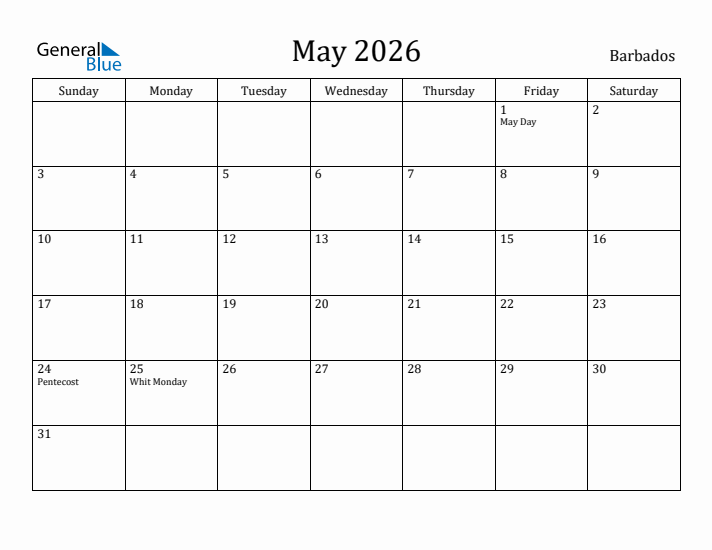 May 2026 Calendar Barbados
