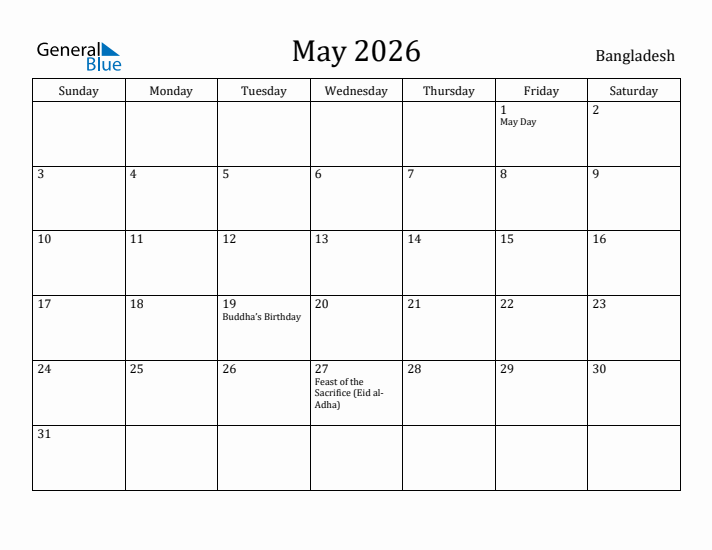 May 2026 Calendar Bangladesh