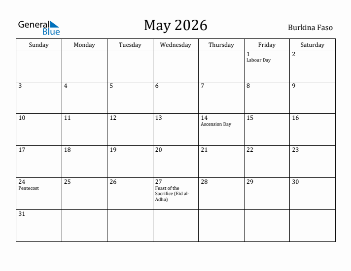 May 2026 Calendar Burkina Faso