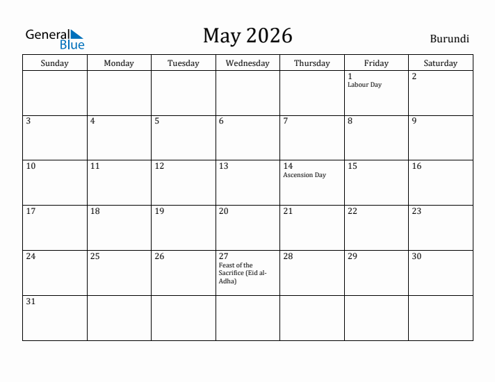 May 2026 Calendar Burundi