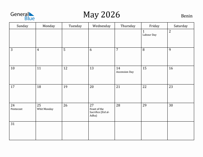 May 2026 Calendar Benin