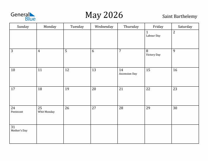 May 2026 Calendar Saint Barthelemy