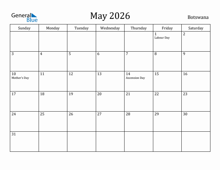 May 2026 Calendar Botswana