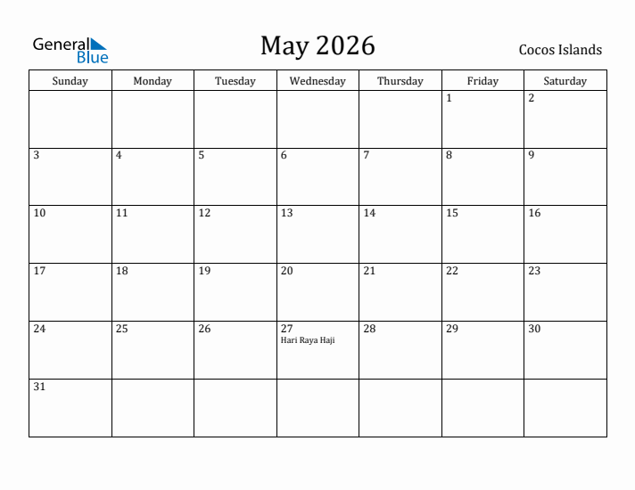 May 2026 Calendar Cocos Islands