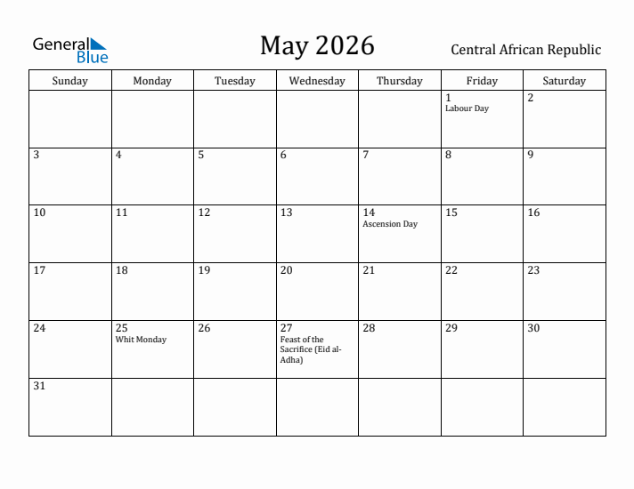 May 2026 Calendar Central African Republic