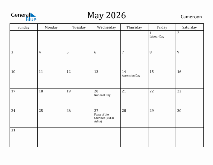 May 2026 Calendar Cameroon
