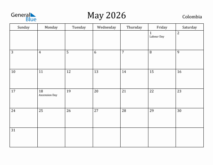 May 2026 Calendar Colombia
