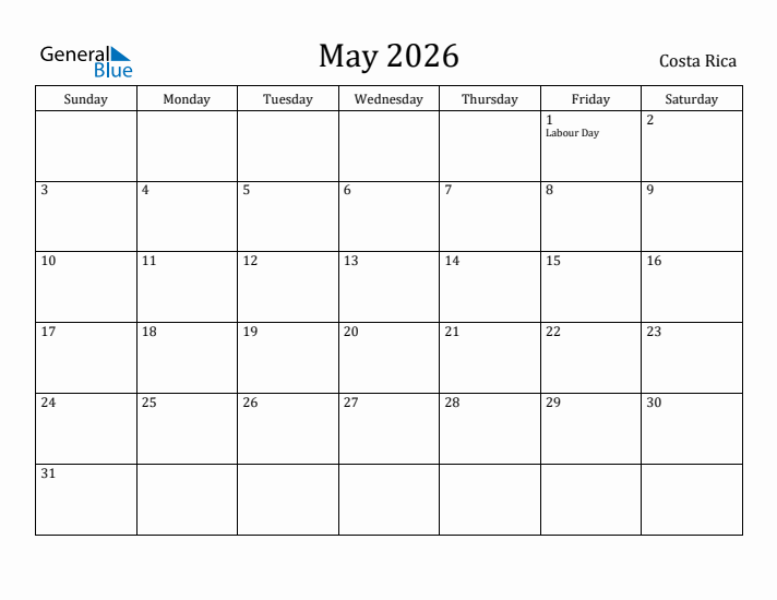 May 2026 Calendar Costa Rica