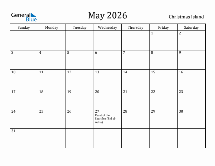 May 2026 Calendar Christmas Island