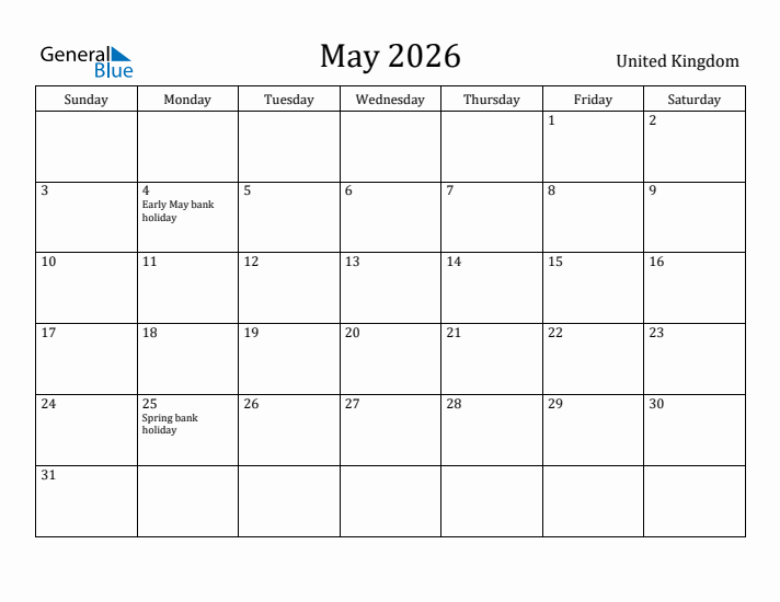 May 2026 Calendar United Kingdom