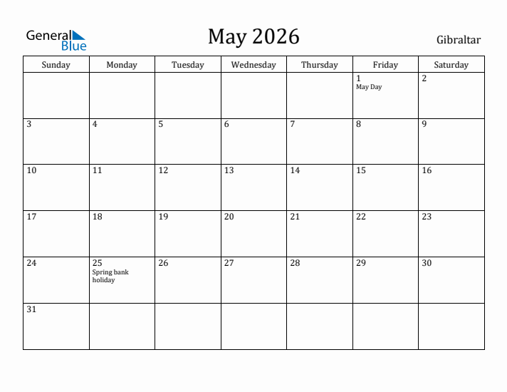 May 2026 Calendar Gibraltar