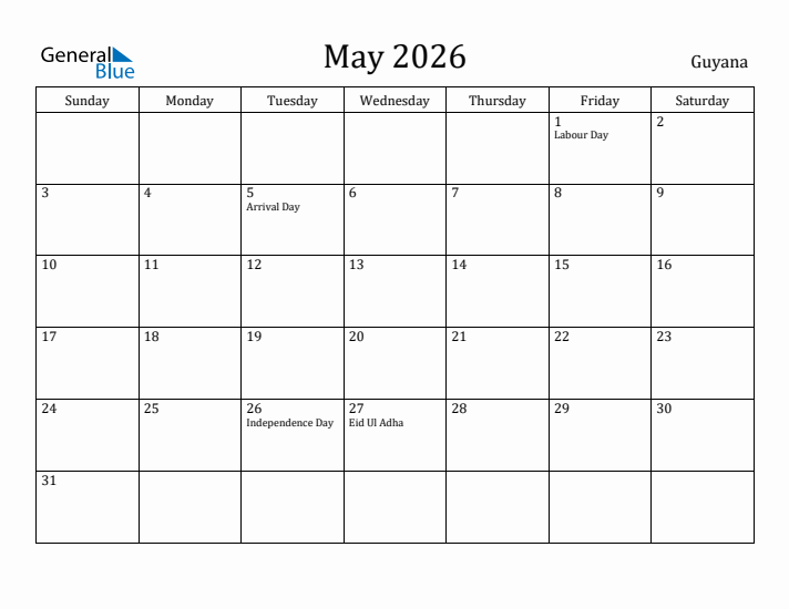 May 2026 Calendar Guyana