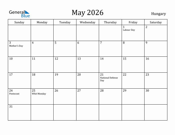 May 2026 Calendar Hungary