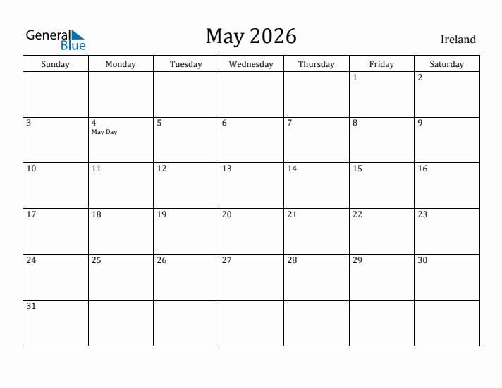 May 2026 Calendar Ireland