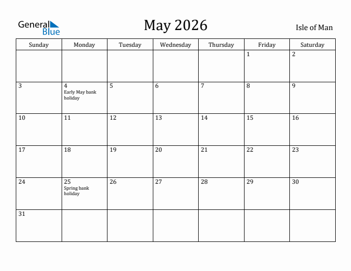 May 2026 Calendar Isle of Man