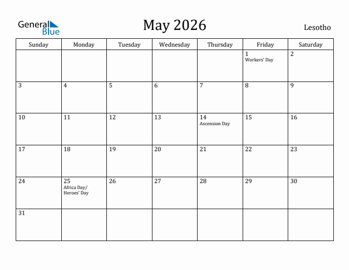 May 2026 Calendar Lesotho