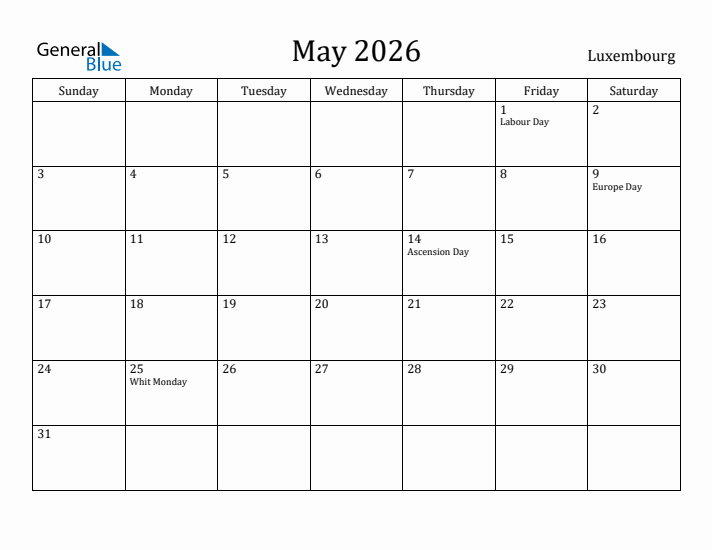 May 2026 Calendar Luxembourg