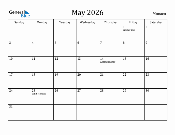 May 2026 Calendar Monaco