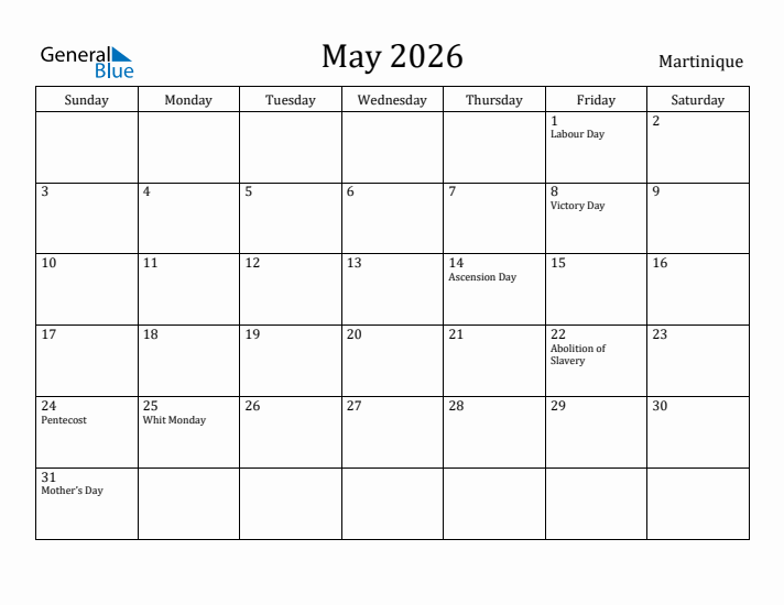 May 2026 Calendar Martinique