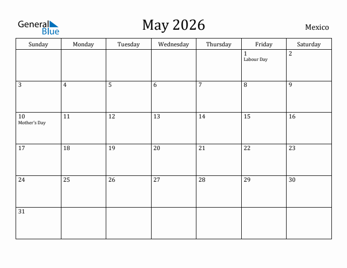 May 2026 Calendar Mexico