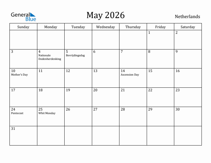 May 2026 Calendar The Netherlands