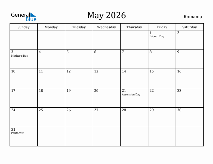 May 2026 Calendar Romania