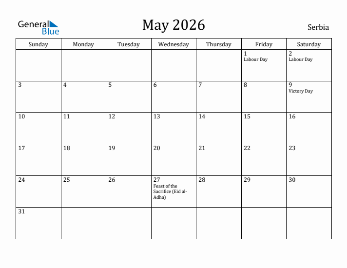 May 2026 Calendar Serbia