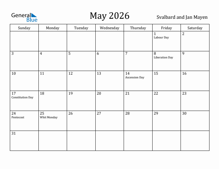 May 2026 Calendar Svalbard and Jan Mayen