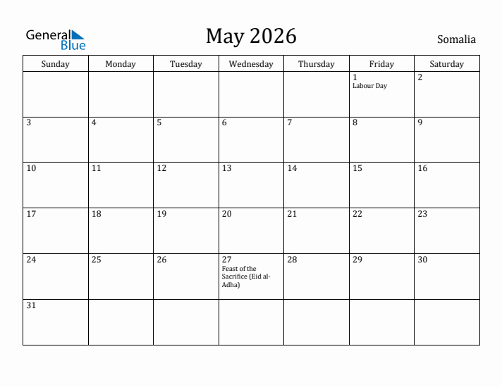 May 2026 Calendar Somalia
