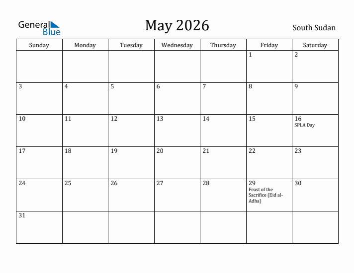 May 2026 Calendar South Sudan