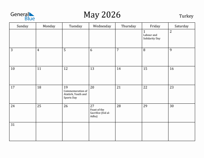 May 2026 Calendar Turkey